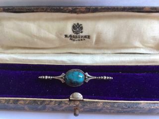 Old К.  Faberge Design Imperial Russian 84 Silver Brooch With Turquoise Stone