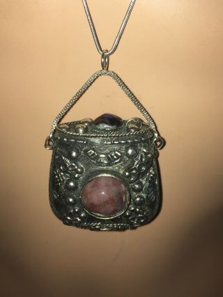 Vintage Tibetan White Metal? Coin Purse? Prayer Box? On 20”fas Sterling Necklace