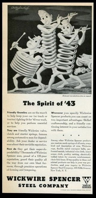 1943 Boris Artzybasheff Friendly Spring Gremlin Art Wickwire Spencer Steel Ad