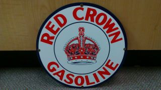 Vintage 1960s Red Crown Gasoline Porcelain Pump Plate Sign Gas Oil Sales Service