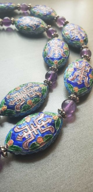 Vintage Chinese Export Oblong Beads & Amythest Cloisonne Enamel Necklace 30 "