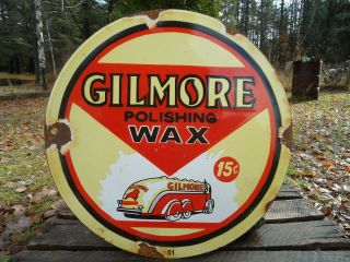 Old 1951 Gilmore Polishing Wax 15 Cents Porcelain Enamel Gas Pump Sign