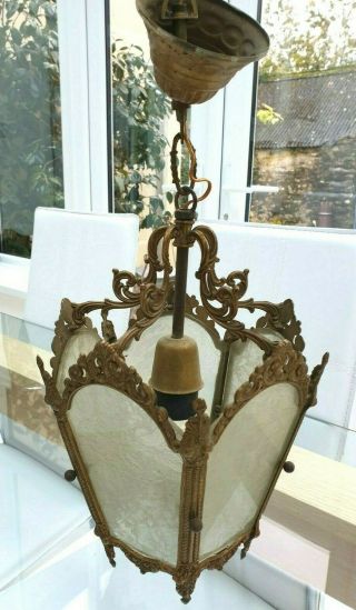 Fine Antique French Lantern Ceiling Light Fitting/gilded Cast/etched Glass Panel