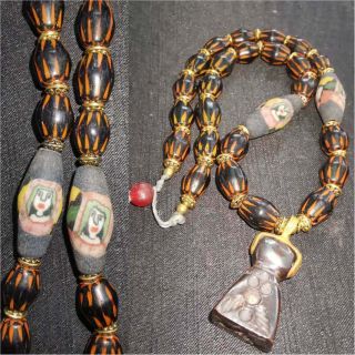 Old Glass Beads Stone Intaglio Pendant Necklace With 2 Ancient Glass Face Beads