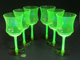 Set 6 Vtg Vaseline Amber Glass Bi - Color Diamond Optic 7 " Water Wine Goblets Glow