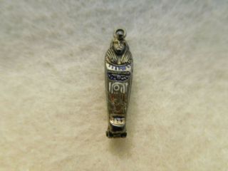 Antique Rare Miniature Egyptian Mummy Pendant Gold And Enamel In Silver Coffin