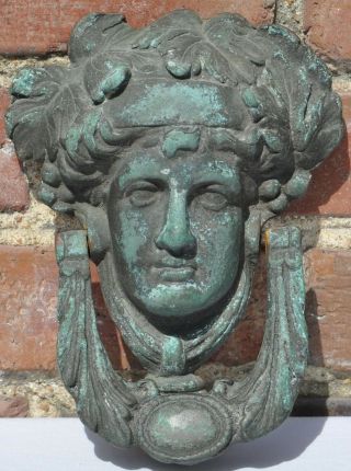 Antique Heavy Metal Cast Bronze Door Knocker Entry Bacchus Dionysus God Head Old 2