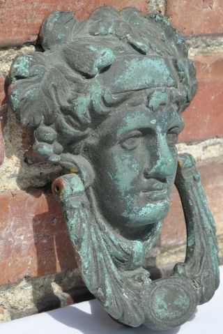 Antique Heavy Metal Cast Bronze Door Knocker Entry Bacchus Dionysus God Head Old 3