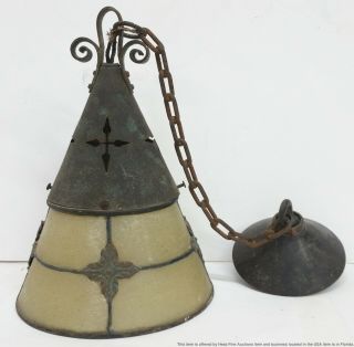 Antique Arts Crafts Copper Isinglass Hanging Light Fixture Lamp Shade