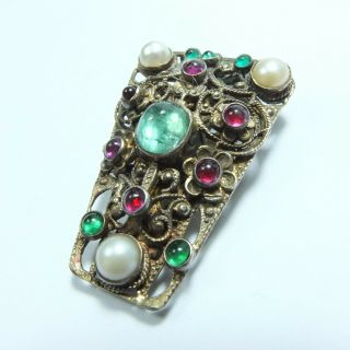 Stunning Antique Austro Hungarian Silver,  Gem & Real Pearl Set Dress Clip Marked