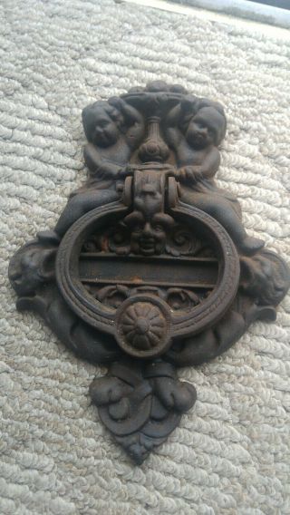 Antique Cast Iron Large Door Knocker Cherub Motif 9 1/2 " By 7 1/4 "