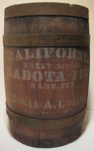 Old Wooden Miniature Barrel W/ Steel Bands Advertising California Kadota Figs