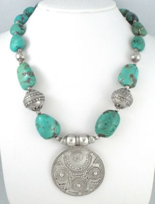 Huge Vintage Sterling Silver & Turquoises Ethnic Necklace - 173 Grams