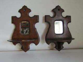 Antique Victorian Era Dark Wood Candle Sconce Shelves Mirrored Backs