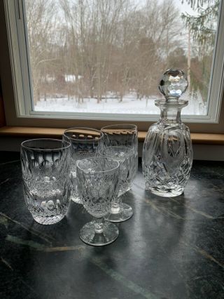 Vintage Waterford Crystal Decanter,  Two Stemmed Glasses,  And Six Tumblers