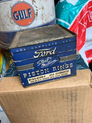 Antique Ford V8 Piston Rings Cardboard And Tin Advertising Box Great Colors Nr