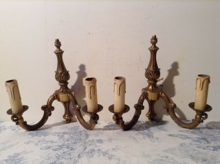 Pair Vintage French Bronze Brass Double Wall Sconce Lights (3175)