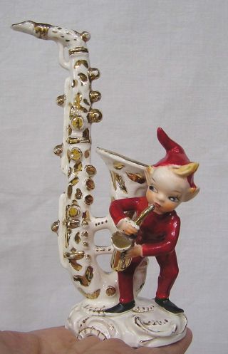 Vintage Figurine Musician Pixie Stands By Huge Saxophone L&m 1956 - 7 1/2 " Tall