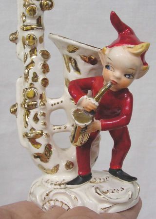 Vintage Figurine Musician Pixie Stands by Huge Saxophone L&M 1956 - 7 1/2 