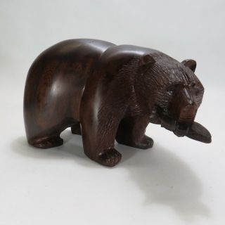 Vintage Hand Carved Wood Grizzly Bear With Fish Figure Statue 10 " Long X 6 " Tall