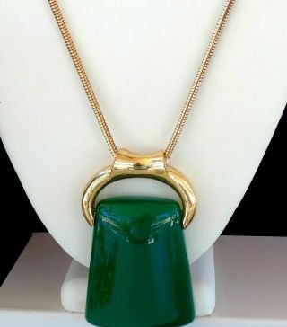 Vintage Lanvin Era Necklace Gold Plated Green Lucite Resin Pendant