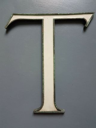 Vintage Bronze & White Enamel 10 " Shop Sign Letter T