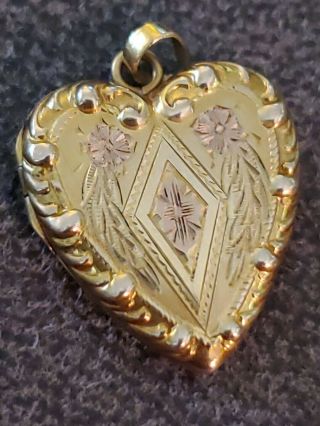 Antique Fm Co Etched 10k Yellow Gold Heart Locket Necklace Pendant 3.  5 Grm