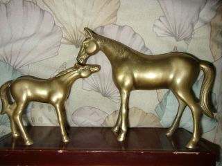Horse And Colt Brass Statue Figurine Wooden Base 6 X 10 Inches