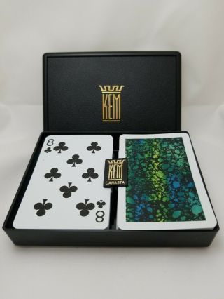 Kem Plastic Playing Cards Vintage Mod Green Design 2 Complete Decks And Case