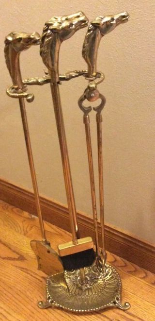 Vtg Solid Brass Horse Head Handle Fireplace Tool Set Ranch Cabin Equestrian