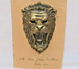 Very Good Antique Brass Door Knocker – Lions Head – Love From Mother 1928