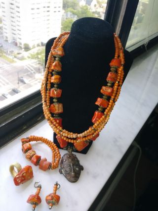Orange Coral Nuggets Brass African Mask (2) Necklaces,  Bracelet,  Ring,  Earrings