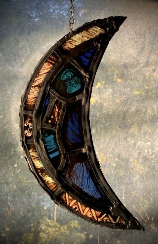 Architectural Salvage Leaded Stained Glass - Painted Glass,  Blue,  Orange Crescent