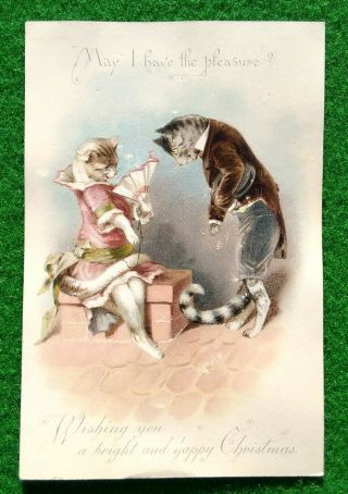 Victorian Xmas Card Elegantly Dressed Tabby Cats At The Ball.  Hagelberg