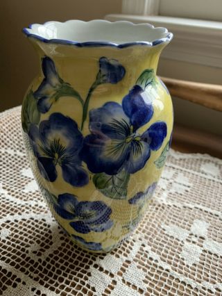 Flowered Yellow And Blue Ceramic Vase 81/2” By 5”