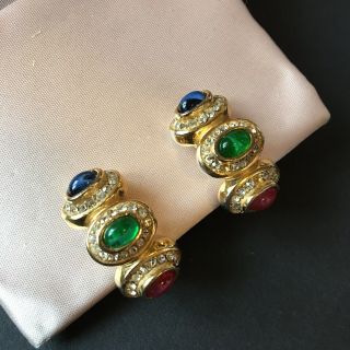 Christian Dior Vintage Earrings Jewelry Cabochon Gold Tone Rhinestones