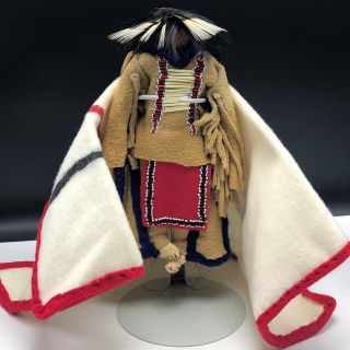 Vintage Kachina Doll Navajo Glass Display Blanket Native Buffalo Hide Mohair Red