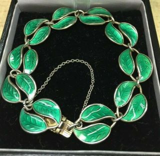 David Andersen Green Enamel Guilloche Leaf & Silver Bracelet By Willy Winnaess