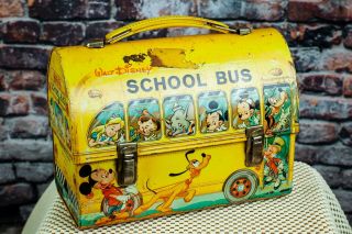 Lunchbox Walt Disney Aladdin Yellow School Bus Metal 1960s Vintage No Thermos