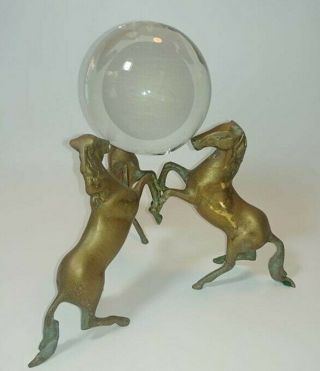 Large Crystal Ball & 3 Rearing Brass Horses Pedestal Stand Psychic Gypsy Seance