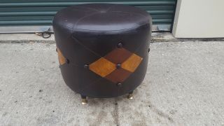 Vintage Mid Century Black Brown Vinyl Leather Round Footstool Footrest