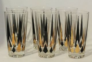 Vintage Mid - Century Modern Drinking Glasses Gilt & Black Atomic - Style Decoration