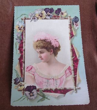 Edwardian 9 7/8 " X 14 3/4 " Die Cut Placard/beautiful Young Woman In Pink/pansies