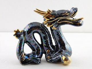 Vintage Iridescent Dragon Porcelain Figurine Oil Slick Black Gold Made In Japan