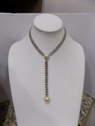 Vintage Art Deco Sterling Silver Pearl Rhinestone Glass Dangle Necklace Floral