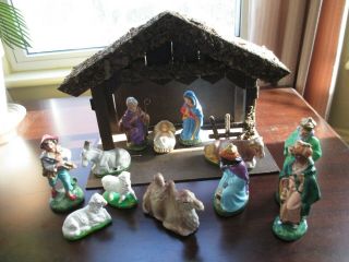 Lovely Vintage Paper Mache Nativity Set Hand Painted Germany Complete