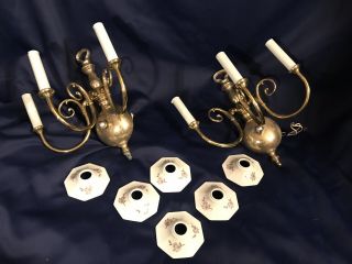 Vtg Pair Colonial Brass 3 Arm Electric Candelabra Sconce Porcelain Bobeches Htf