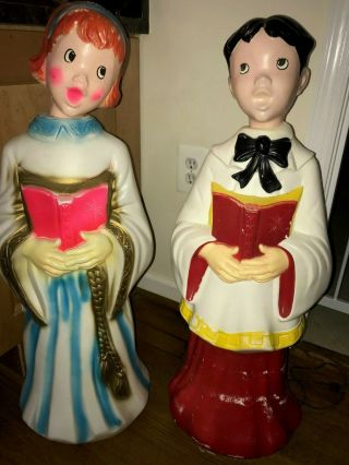Two Vintage Empire Blow Mold Choir Boy And Girl Carolers Christmas Yard Deco