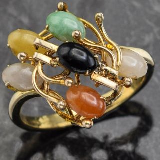 Vintage 14k Yellow Gold Multi - Color Jade Cluster Cocktail Ring 4.  5 Grams