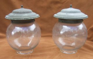 Two Antique Gas Lamp Globes With Brass Tops 4 " Fitters Gas Shades
